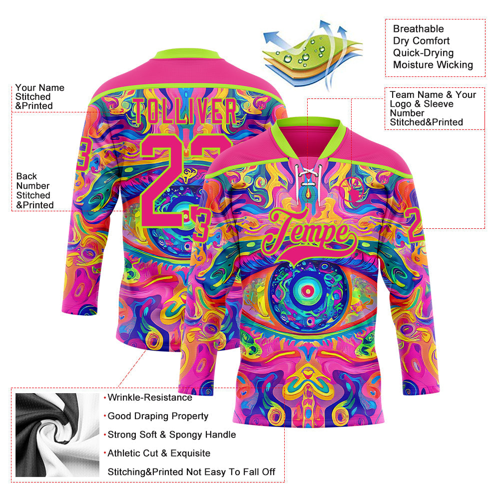 Custom Hot Pink Neon Green Yellow-Blue Trippy Psychedelic Neon Hockey Lace Neck Jersey view 5