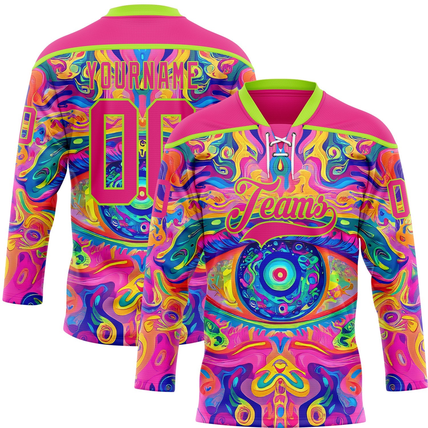 Custom Hot Pink Neon Green Yellow-Blue Trippy Psychedelic Neon Hockey Lace Neck Jersey - Main View