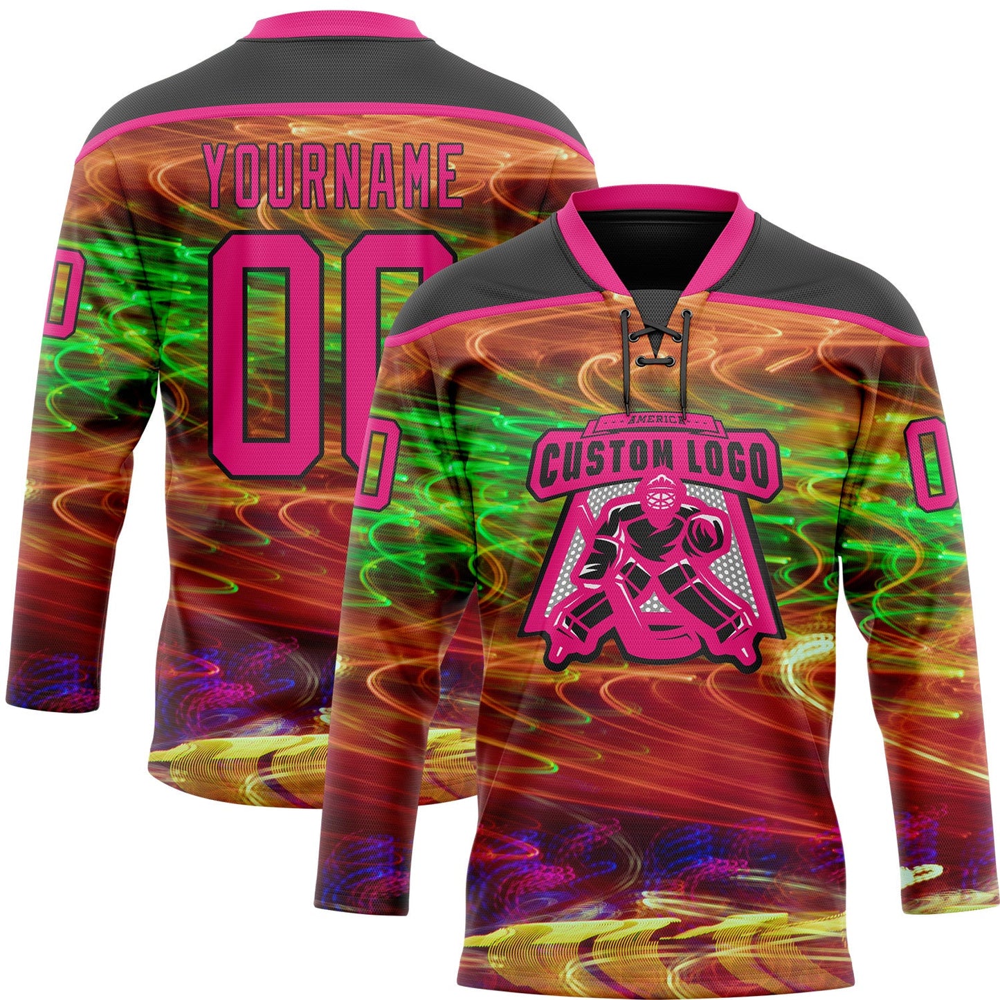 Custom Black Hot Pink Yellow-Green Trippy Psychedelic Hockey Lace Neck Jersey view 2