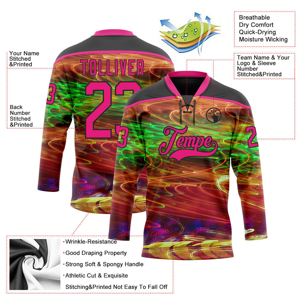 Custom Black Hot Pink Yellow-Green Trippy Psychedelic Hockey Lace Neck Jersey view 5