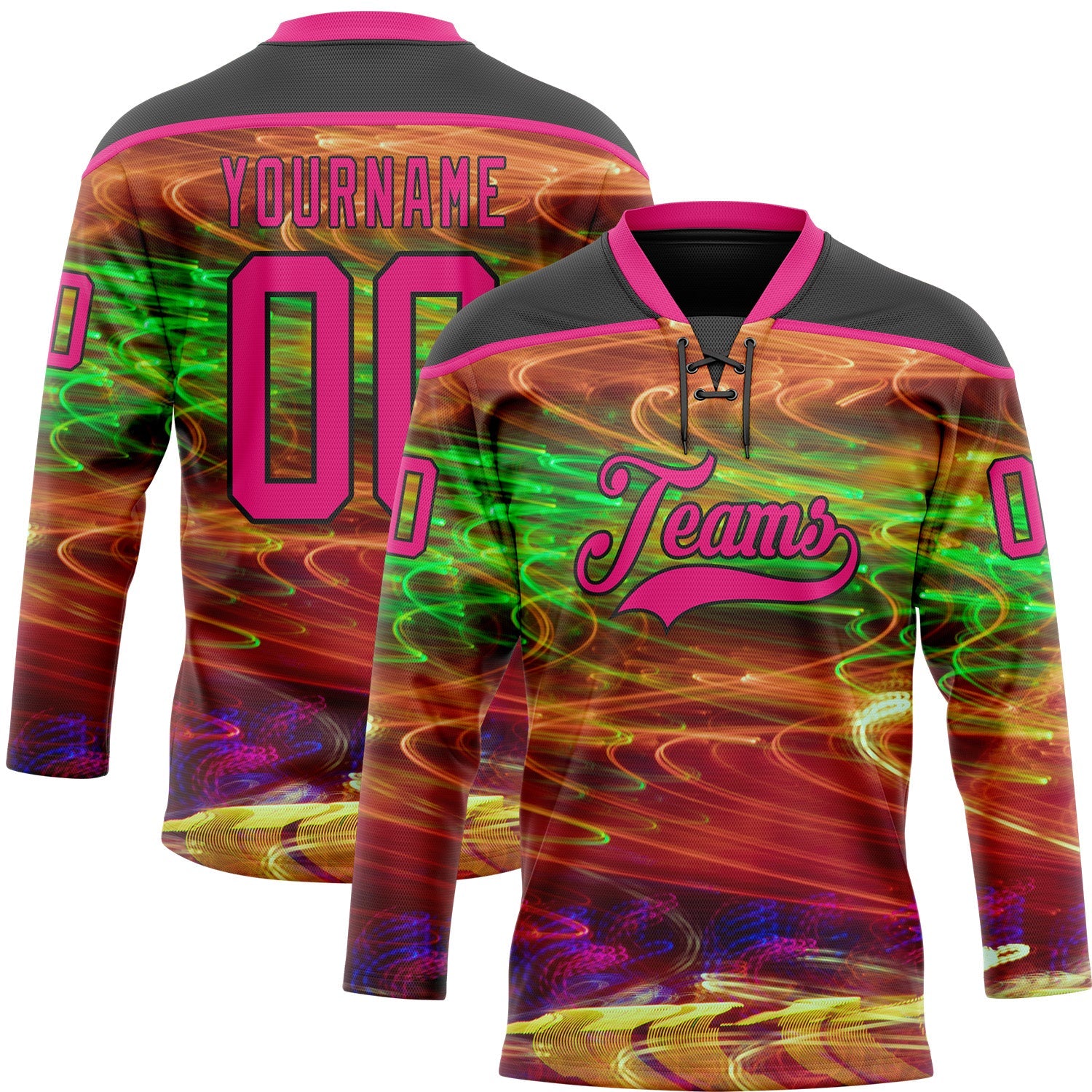 Custom Black Hot Pink Yellow-Green Trippy Psychedelic Hockey Lace Neck Jersey - Main View