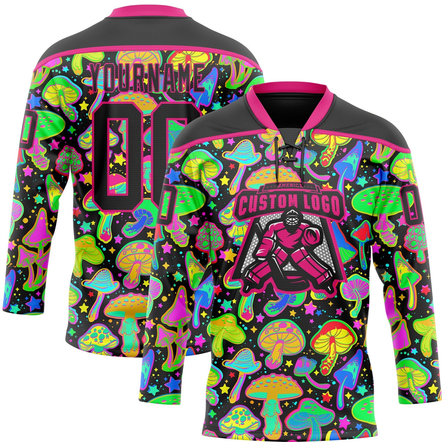 Custom Black Hot Pink Trippy Psychedelic Magic Mushrooms Hockey Lace Neck Jersey view 2