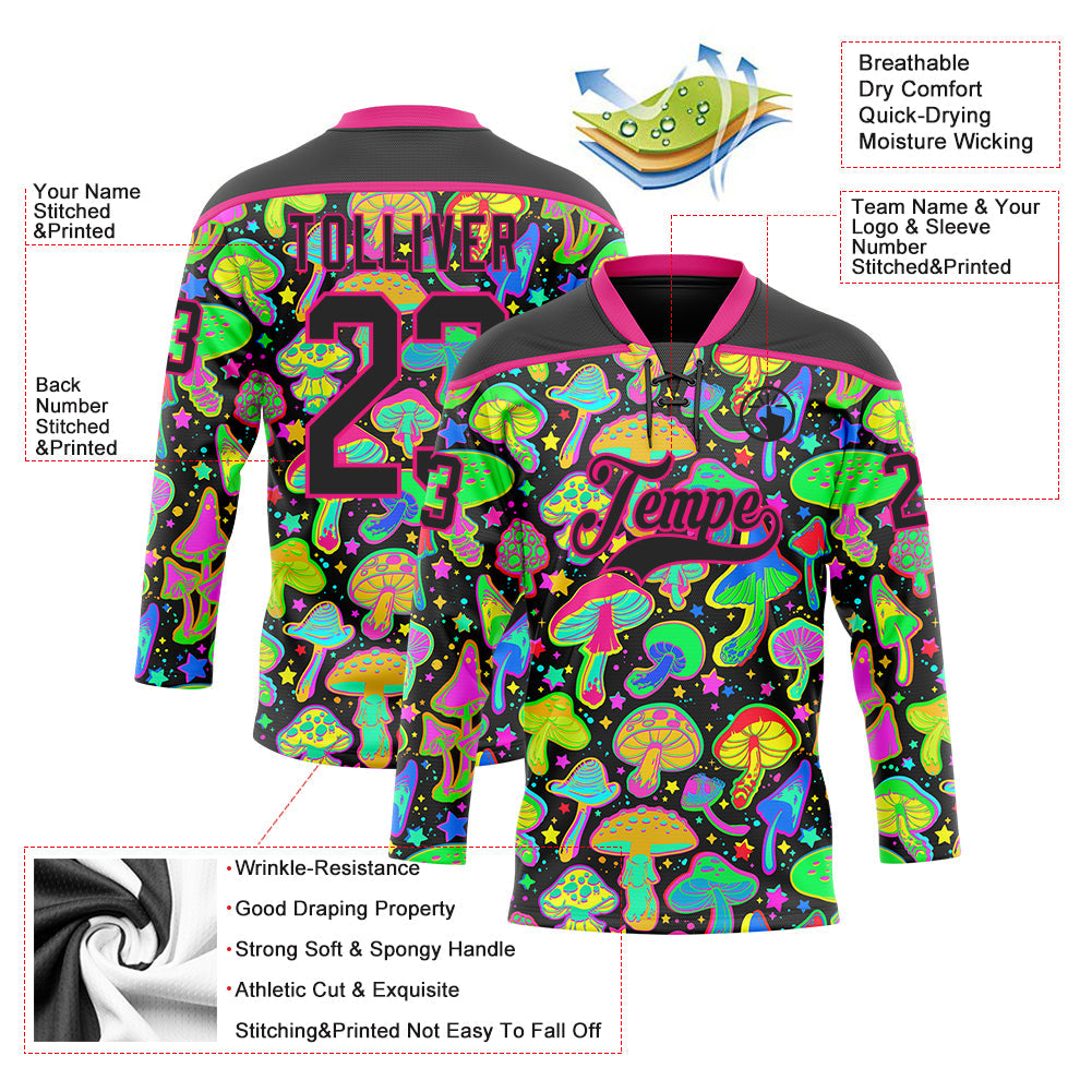 Custom Black Hot Pink Trippy Psychedelic Magic Mushrooms Hockey Lace Neck Jersey view 5