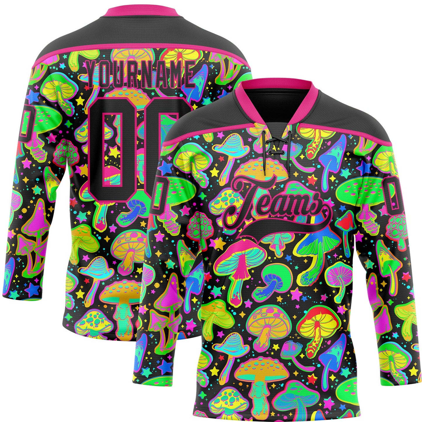 Custom Black Hot Pink Trippy Psychedelic Magic Mushrooms Hockey Lace Neck Jersey - Main View