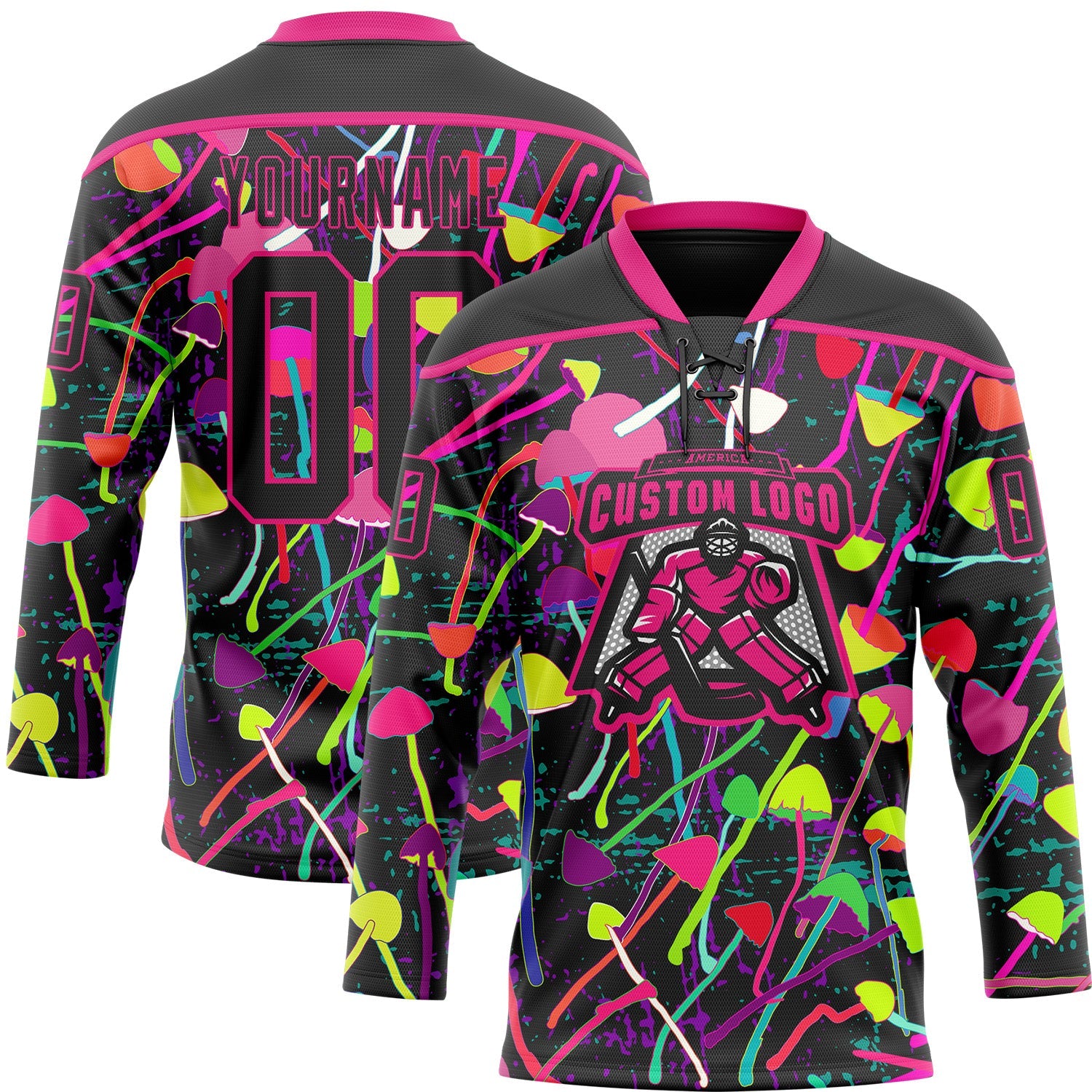Custom Black Hot Pink Trippy Psychedelic Magic Mushrooms Hockey Lace Neck Jersey view 2