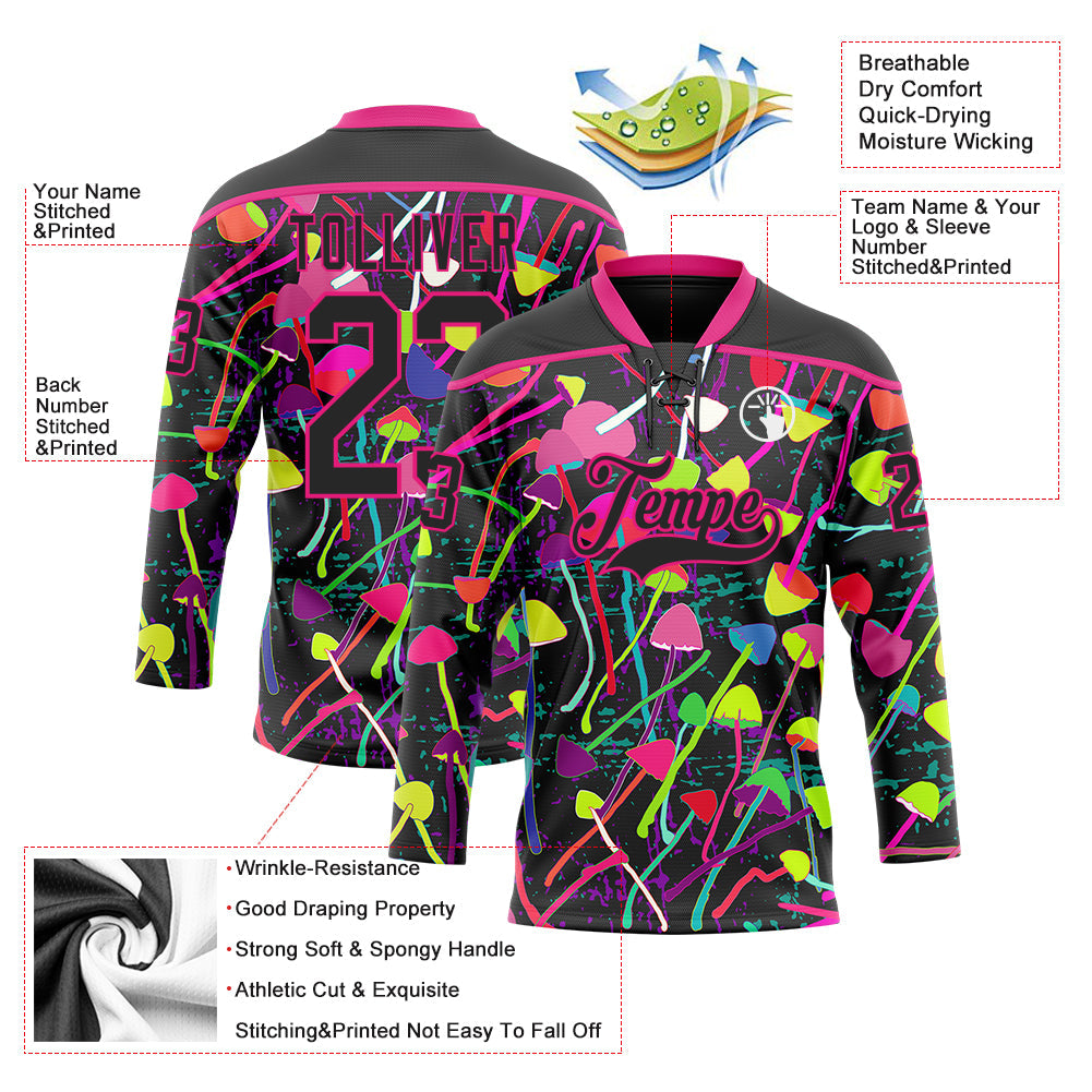 Custom Black Hot Pink Trippy Psychedelic Magic Mushrooms Hockey Lace Neck Jersey view 5
