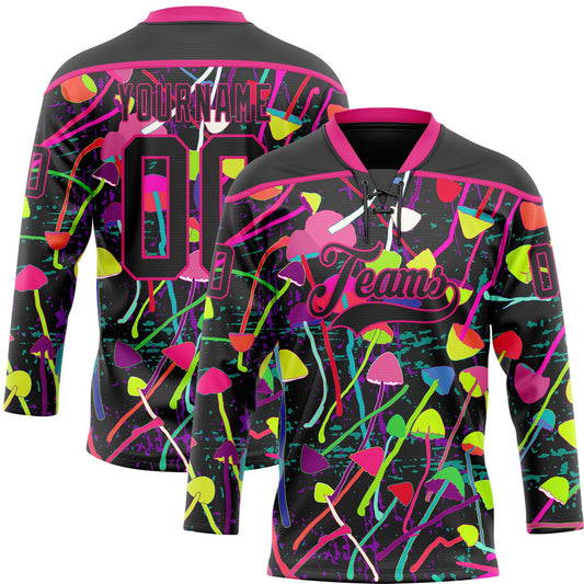 Custom Black Hot Pink Trippy Psychedelic Magic Mushrooms Hockey Lace Neck Jersey - Main View