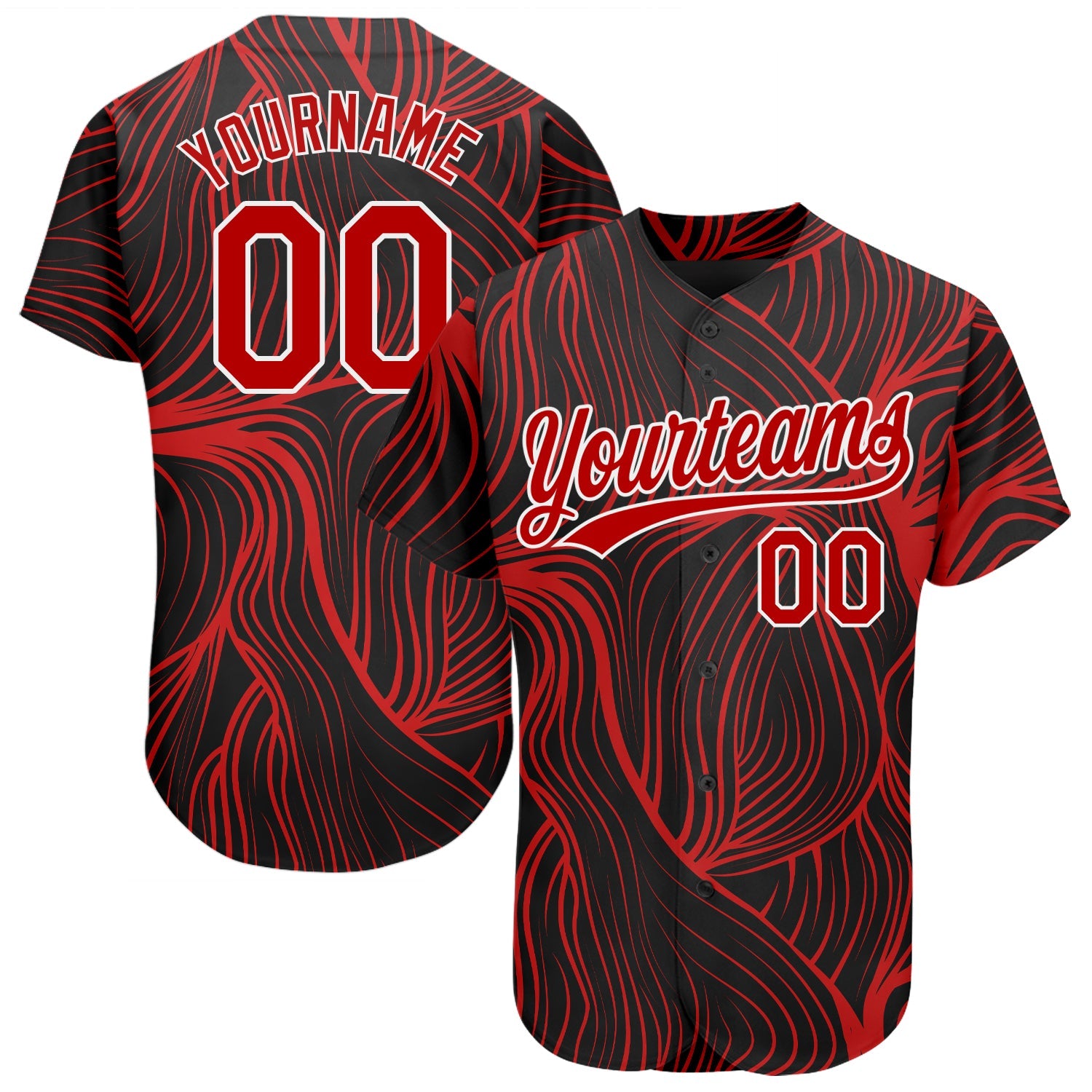 Custom Black Red-White 3D Pattern Design Authentic Baseball Jersey - Main View