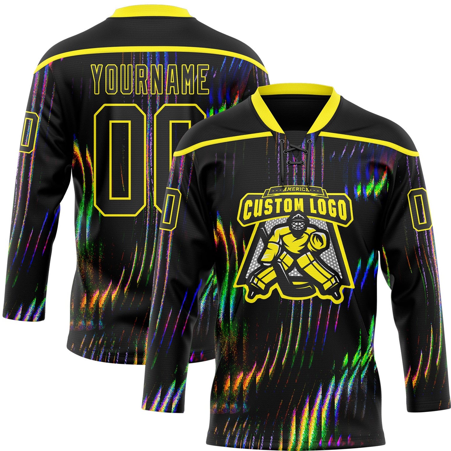 Custom Black Light Yellow Trippy Psychedelic Fluid Hockey Lace Neck Jersey view 2