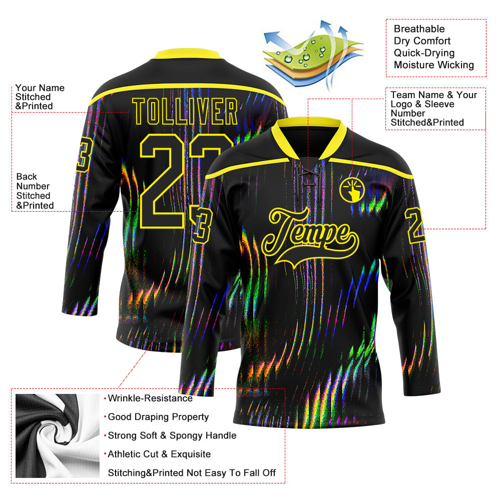 Custom Black Light Yellow Trippy Psychedelic Fluid Hockey Lace Neck Jersey view 5