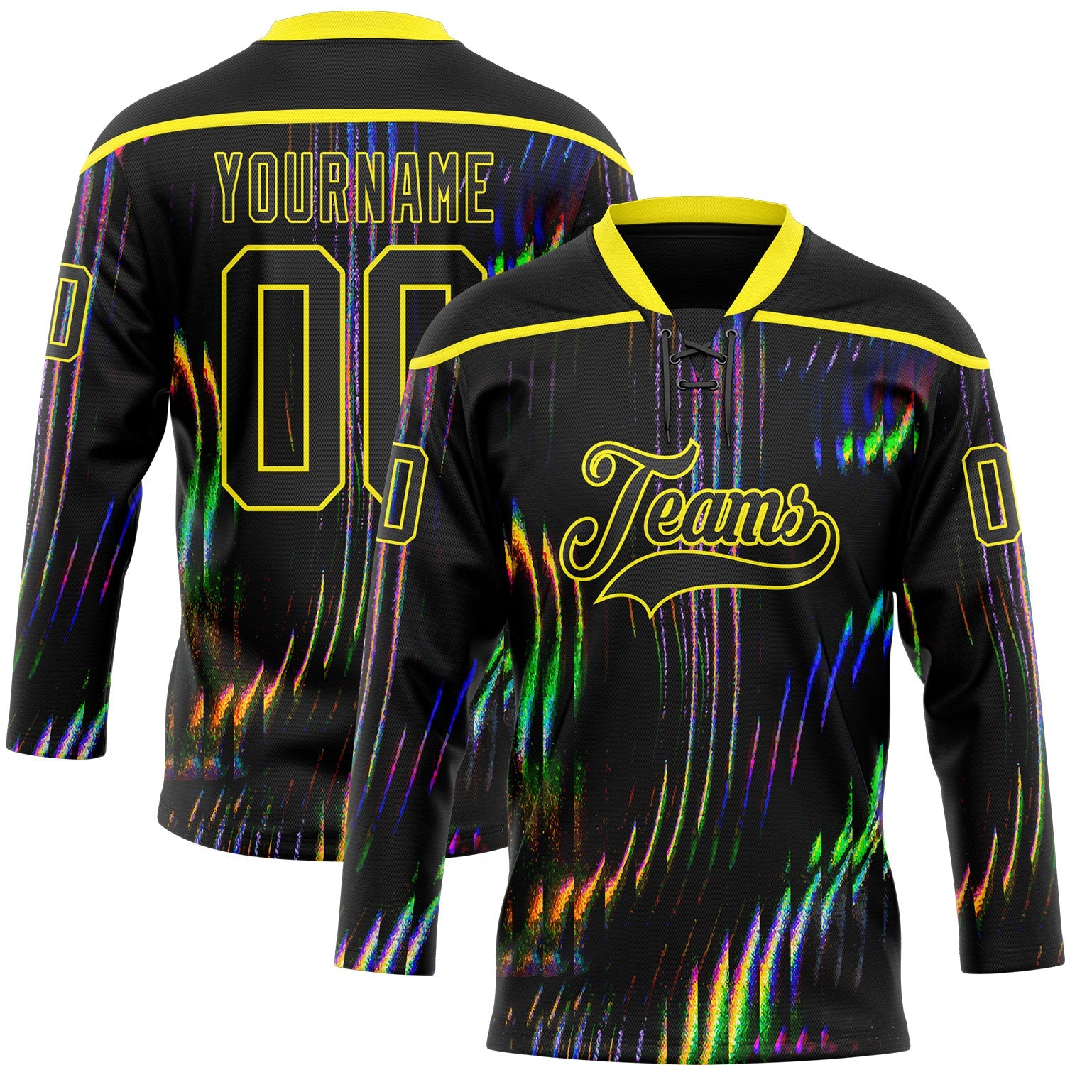 Custom Black Light Yellow Trippy Psychedelic Fluid Hockey Lace Neck Jersey - Main View