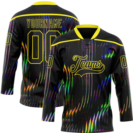 Custom Black Light Yellow Trippy Psychedelic Fluid Hockey Lace Neck Jersey - Main View