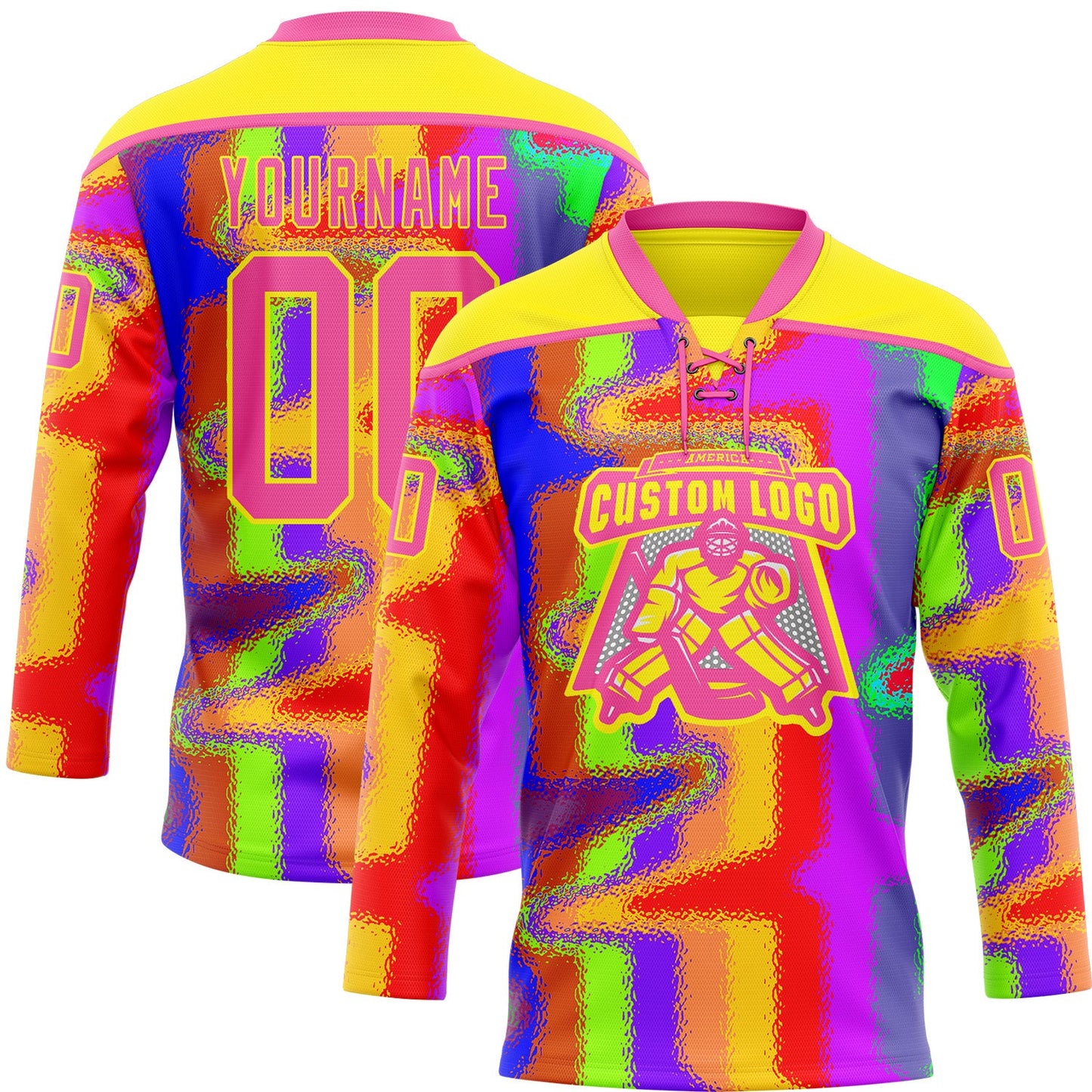 Custom Light Yellow Pink Purple Red-Green Trippy Psychedelic Neon Splash Hockey Lace Neck Jersey view 2