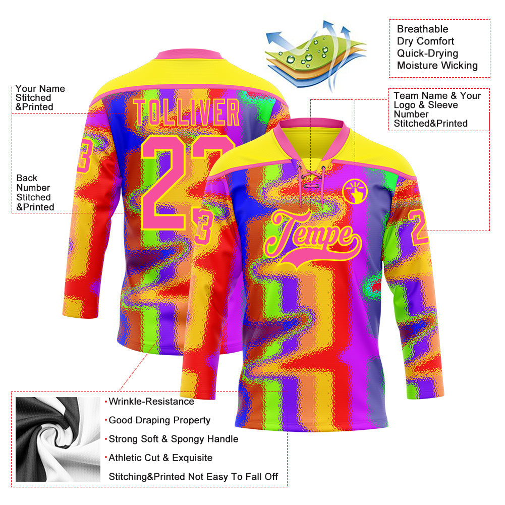 Custom Light Yellow Pink Purple Red-Green Trippy Psychedelic Neon Splash Hockey Lace Neck Jersey view 5