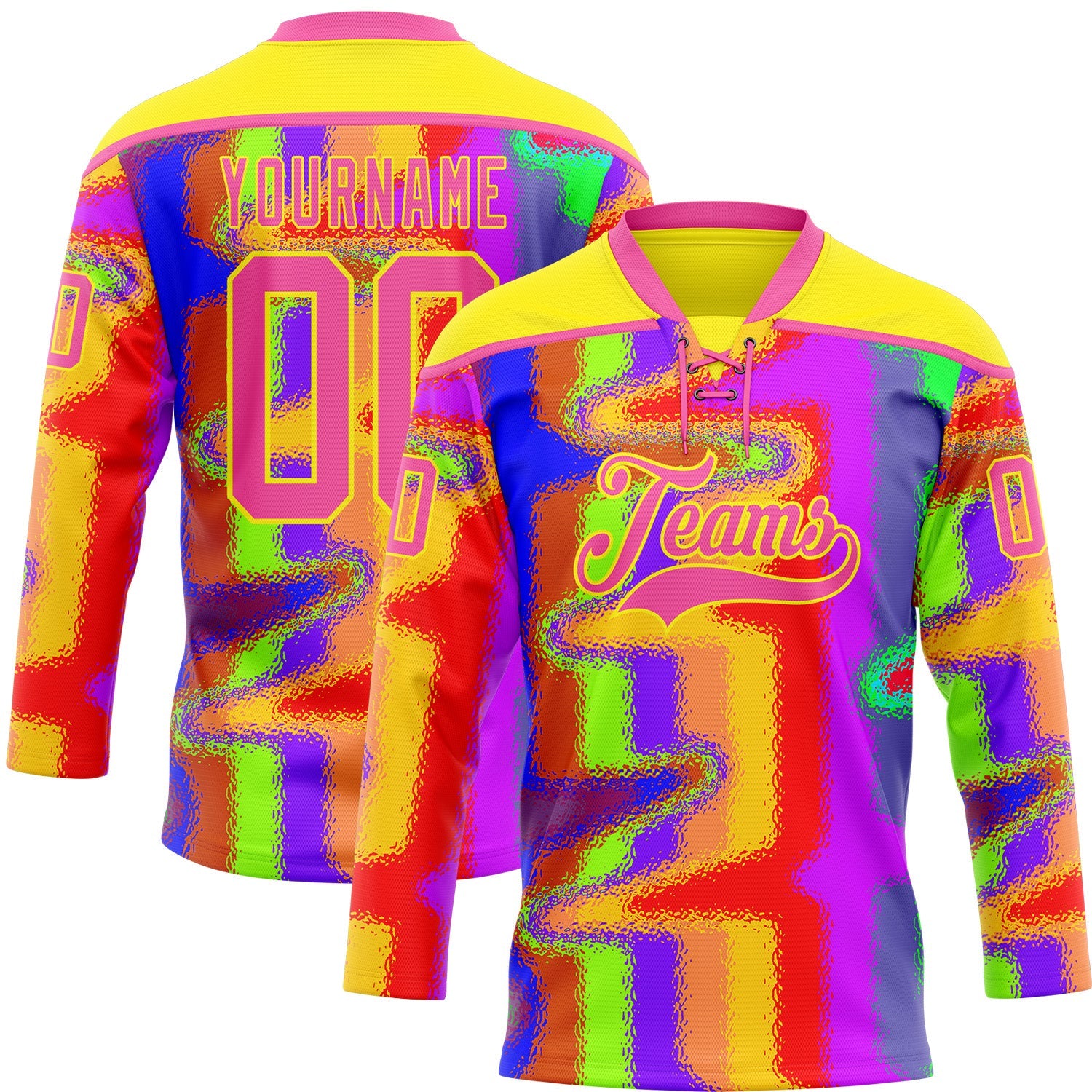 Custom Light Yellow Pink Purple Red-Green Trippy Psychedelic Neon Splash Hockey Lace Neck Jersey - Main View