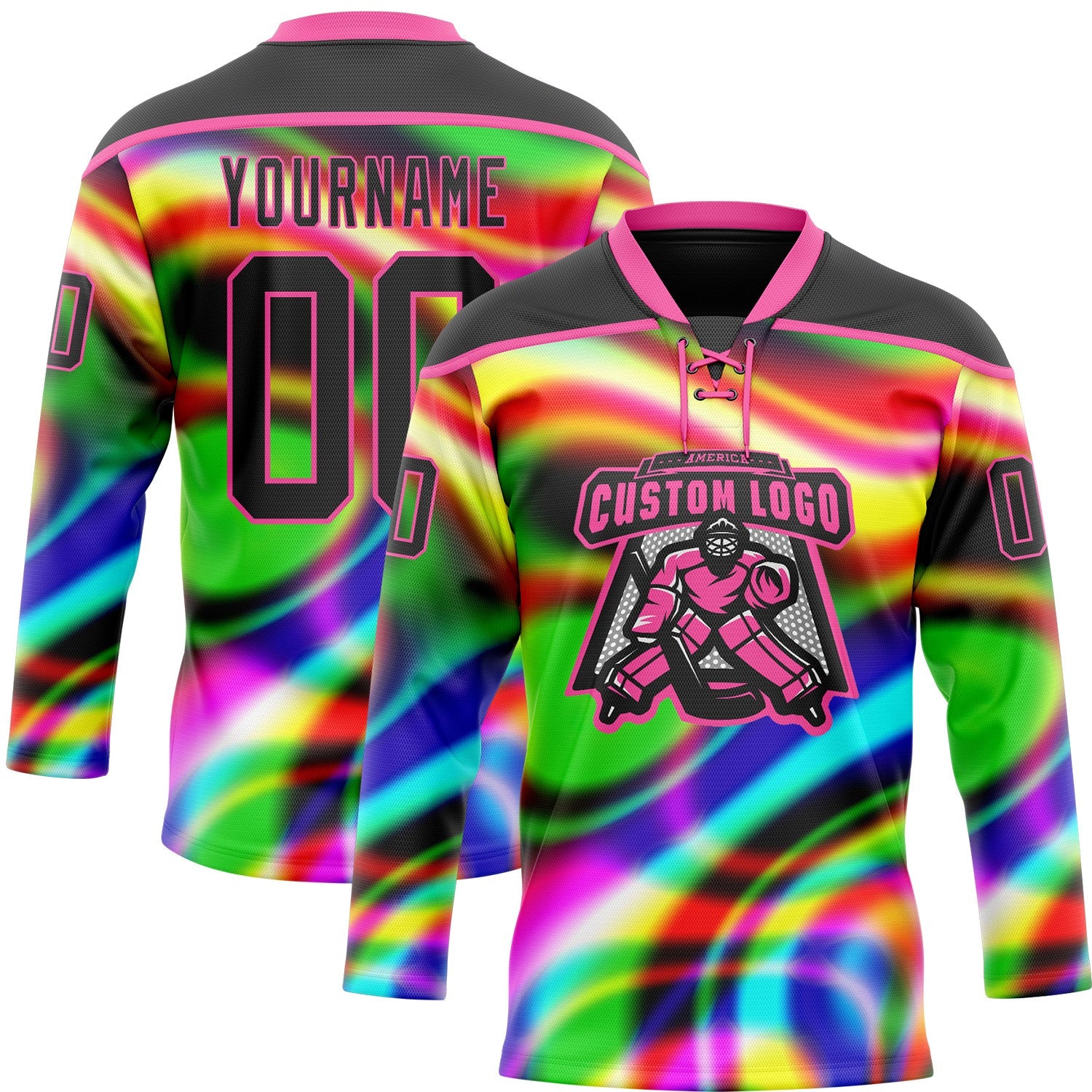 Custom Black Pink Yellow Green-Blue Trippy Psychedelic Neon Trendy Holographic Vaporwave Style Hockey Lace Neck Jersey view 2