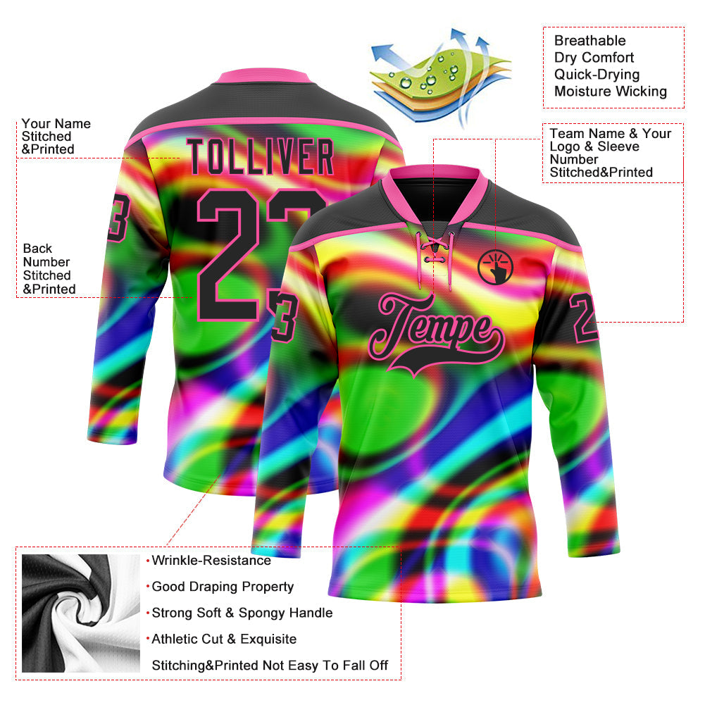 Custom Black Pink Yellow Green-Blue Trippy Psychedelic Neon Trendy Holographic Vaporwave Style Hockey Lace Neck Jersey view 5