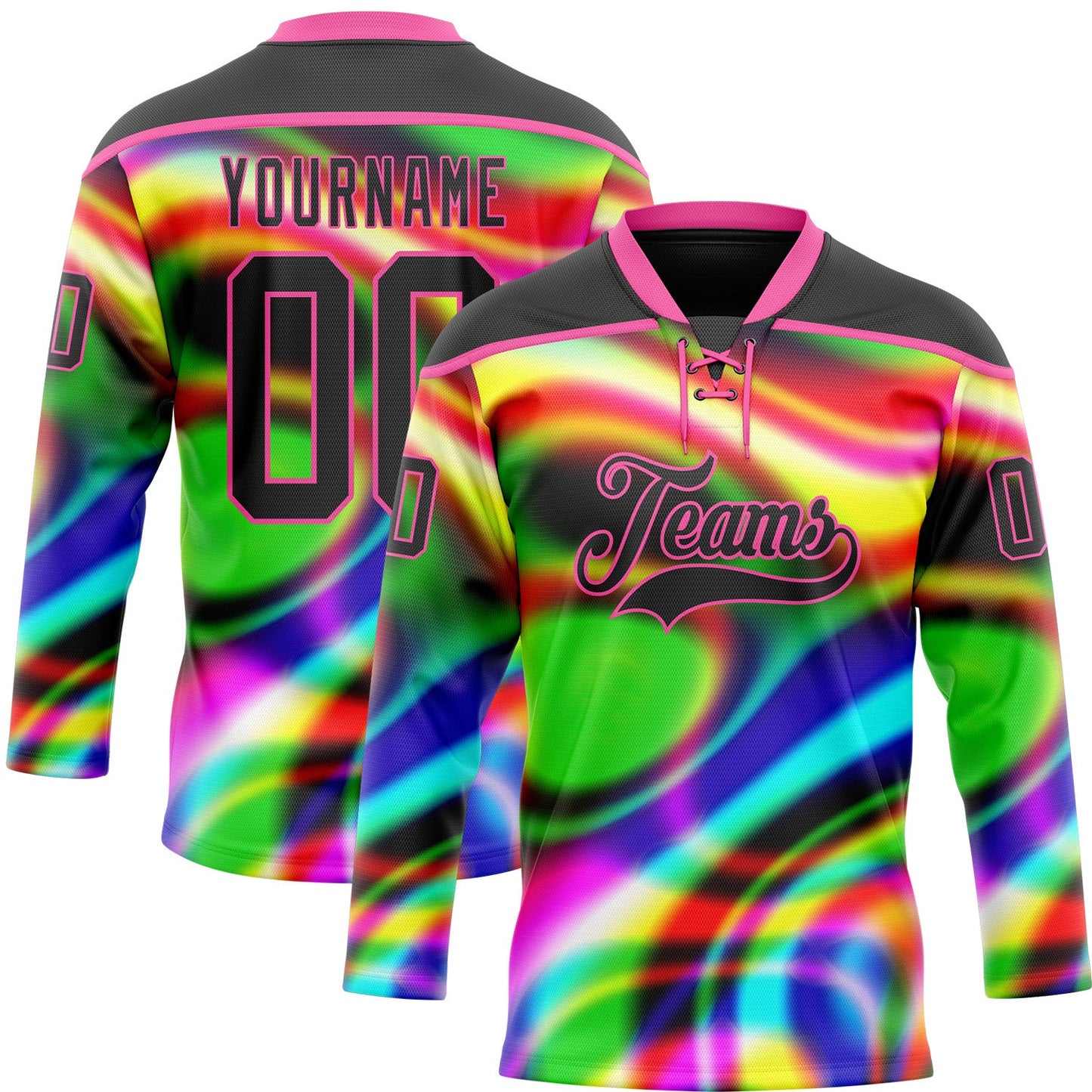 Custom Black Pink Yellow Green-Blue Trippy Psychedelic Neon Trendy Holographic Vaporwave Style Hockey Lace Neck Jersey - Main View
