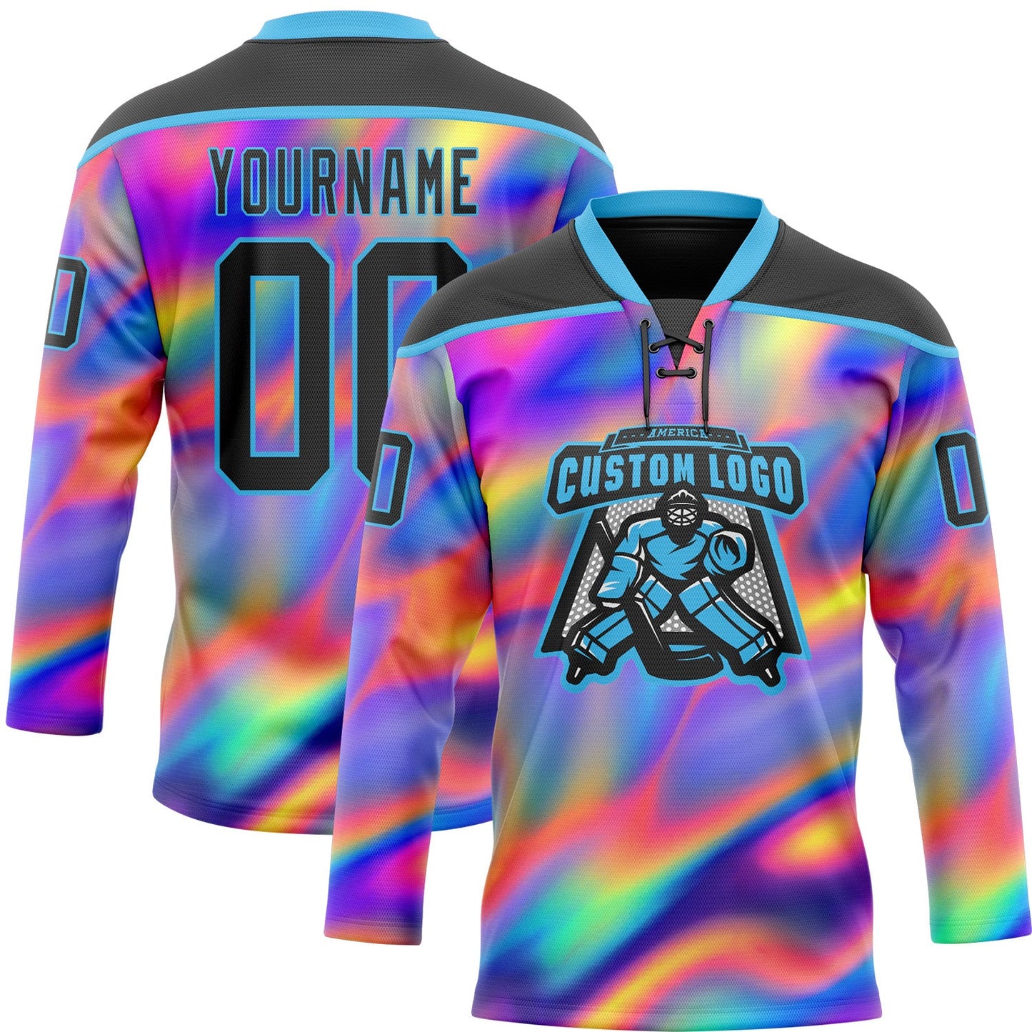 Custom Black Sky Blue Yellow-Green Trippy Psychedelic Neon Trendy Holographic Vaporwave Style Hockey Lace Neck Jersey view 2