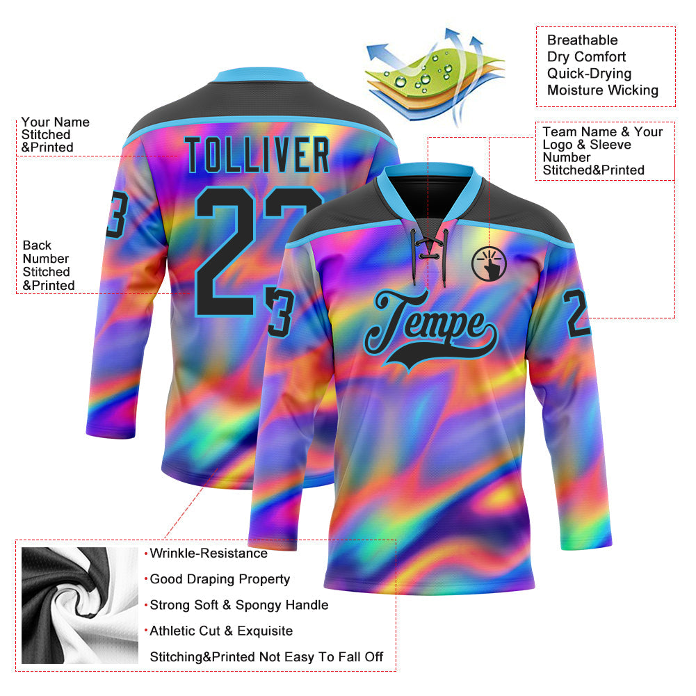 Custom Black Sky Blue Yellow-Green Trippy Psychedelic Neon Trendy Holographic Vaporwave Style Hockey Lace Neck Jersey view 5