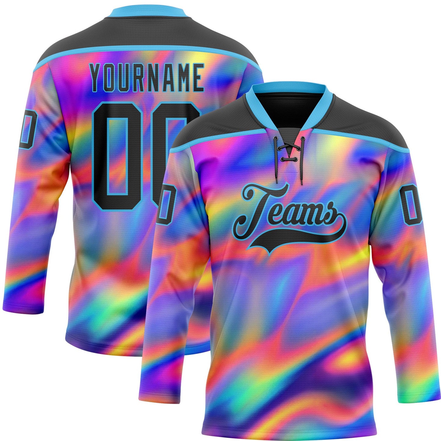 Custom Black Sky Blue Yellow-Green Trippy Psychedelic Neon Trendy Holographic Vaporwave Style Hockey Lace Neck Jersey - Main View