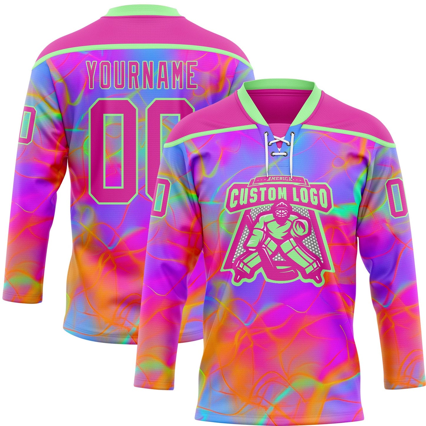 Custom Deep Pink Pea Green Purple-Orange Trippy Psychedelic Neon Hockey Lace Neck Jersey view 2