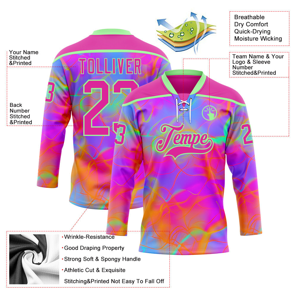 Custom Deep Pink Pea Green Purple-Orange Trippy Psychedelic Neon Hockey Lace Neck Jersey view 5
