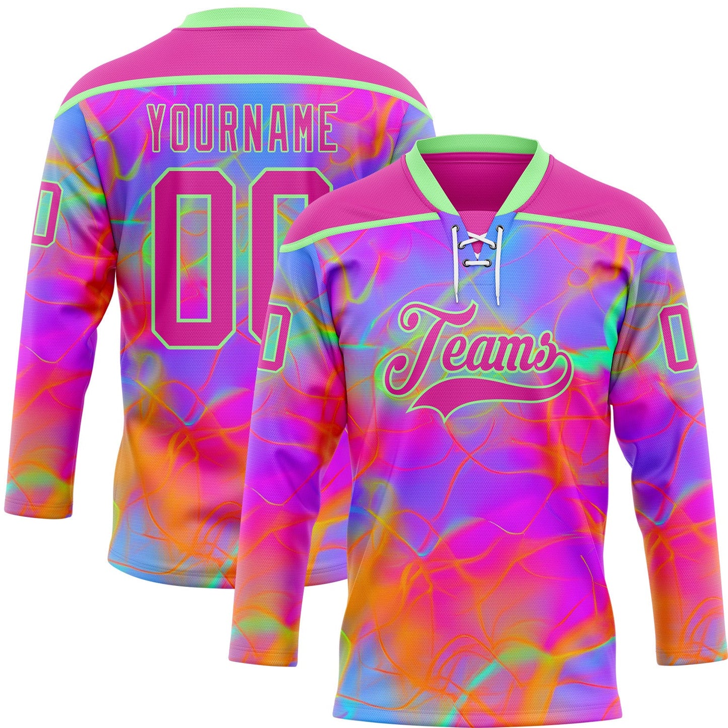 Custom Deep Pink Pea Green Purple-Orange Trippy Psychedelic Neon Hockey Lace Neck Jersey - Main View