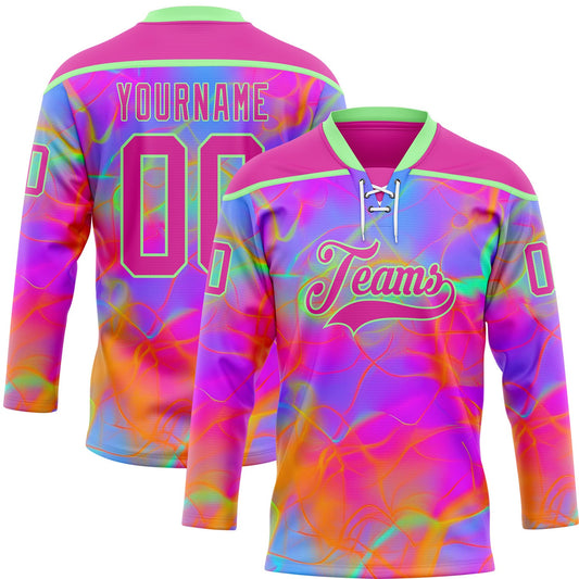 Custom Deep Pink Pea Green Purple-Orange Trippy Psychedelic Neon Hockey Lace Neck Jersey - Main View