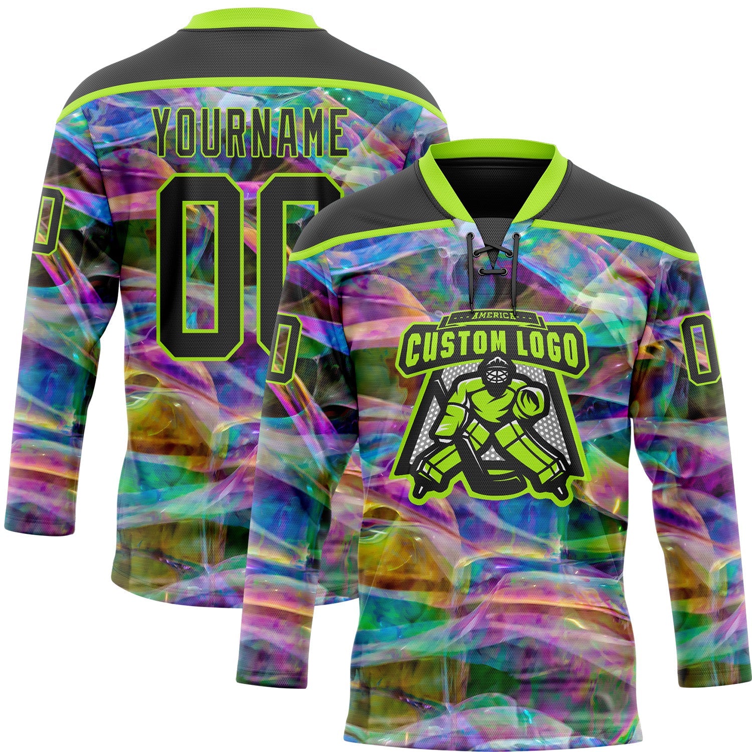 Custom Black Neon Green Trippy Psychedelic Trendy Holographic Vaporwave Style Hockey Lace Neck Jersey view 2