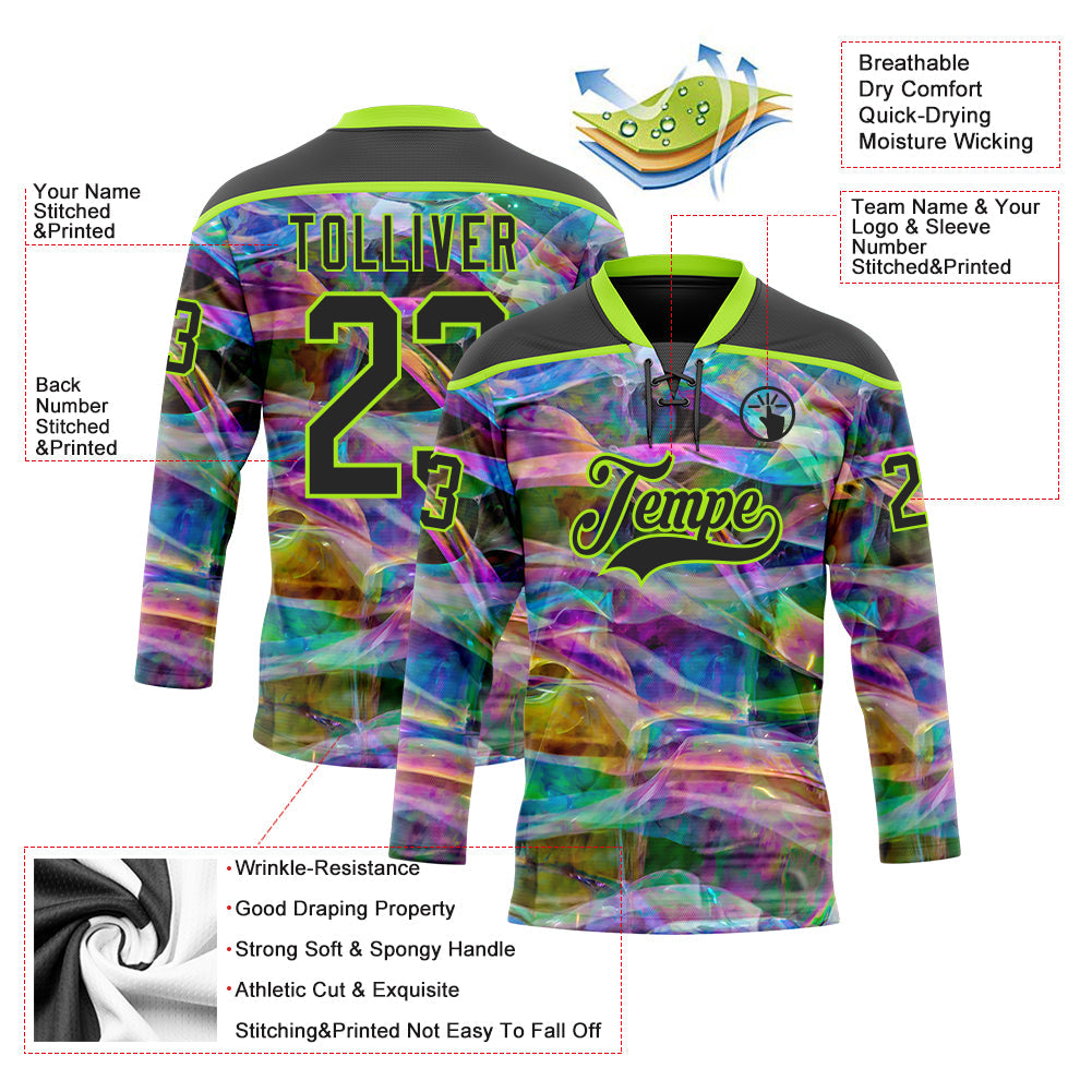 Custom Black Neon Green Trippy Psychedelic Trendy Holographic Vaporwave Style Hockey Lace Neck Jersey view 5