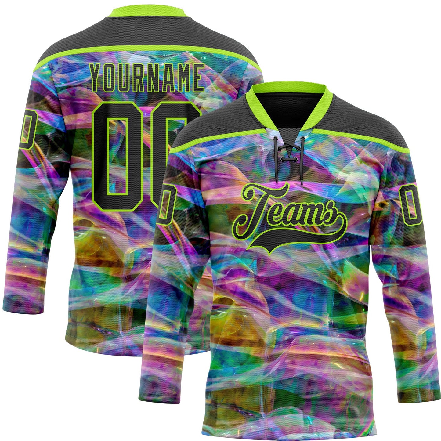 Custom Black Neon Green Trippy Psychedelic Trendy Holographic Vaporwave Style Hockey Lace Neck Jersey - Main View