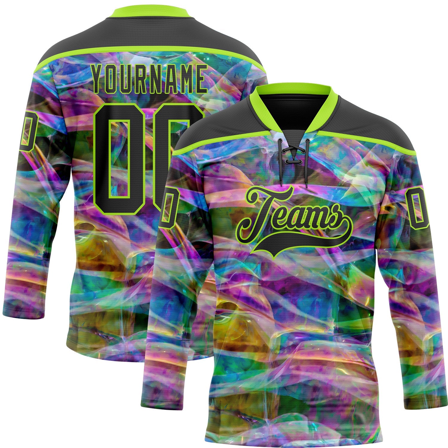 Custom Black Neon Green Trippy Psychedelic Trendy Holographic Vaporwave Style Hockey Lace Neck Jersey - Main View