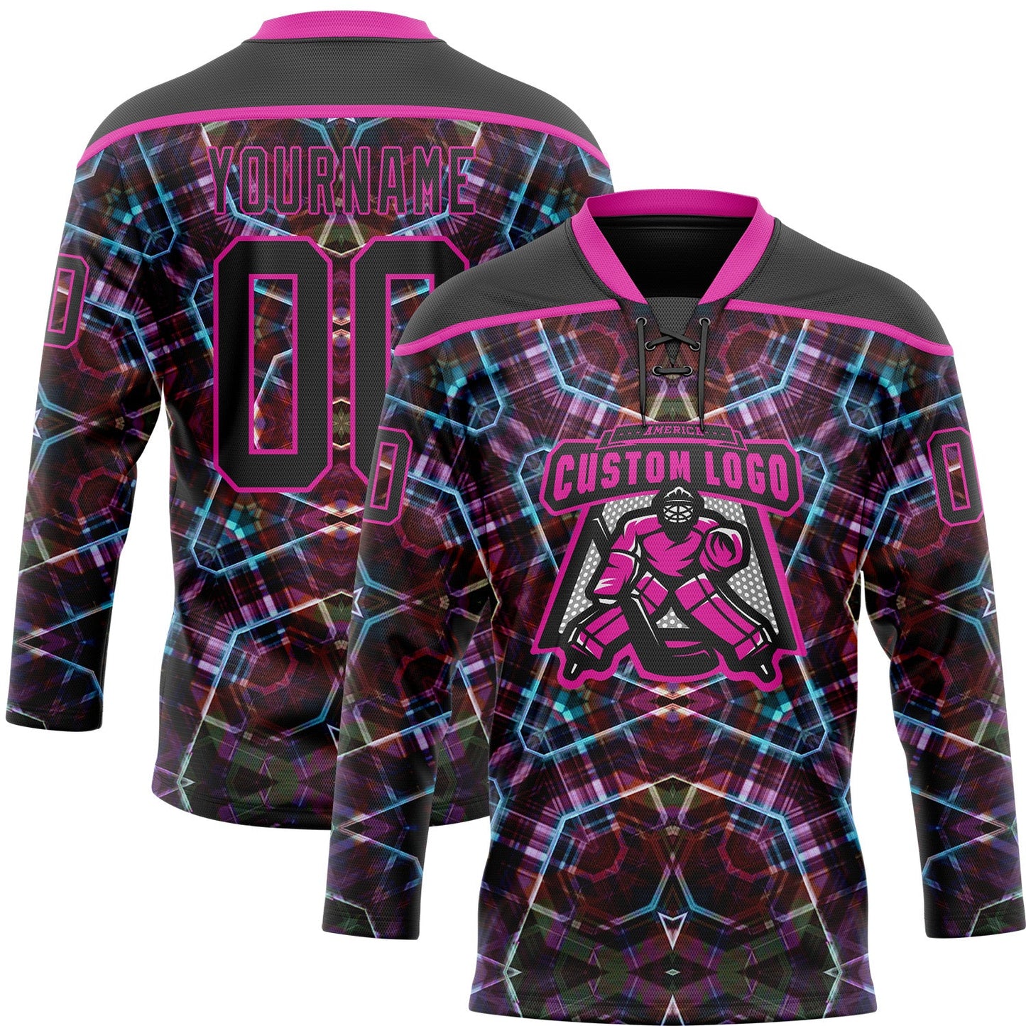 Custom Black Deep Pink-Blue Trippy Psychedelic Geometric Hockey Lace Neck Jersey view 2