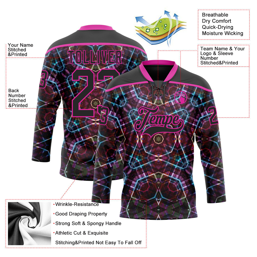 Custom Black Deep Pink-Blue Trippy Psychedelic Geometric Hockey Lace Neck Jersey view 5