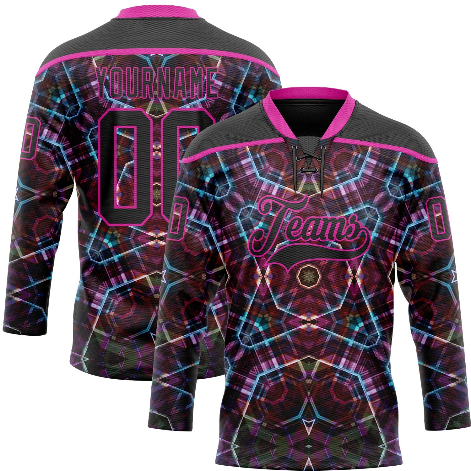 Custom Black Deep Pink-Blue Trippy Psychedelic Geometric Hockey Lace Neck Jersey - Main View