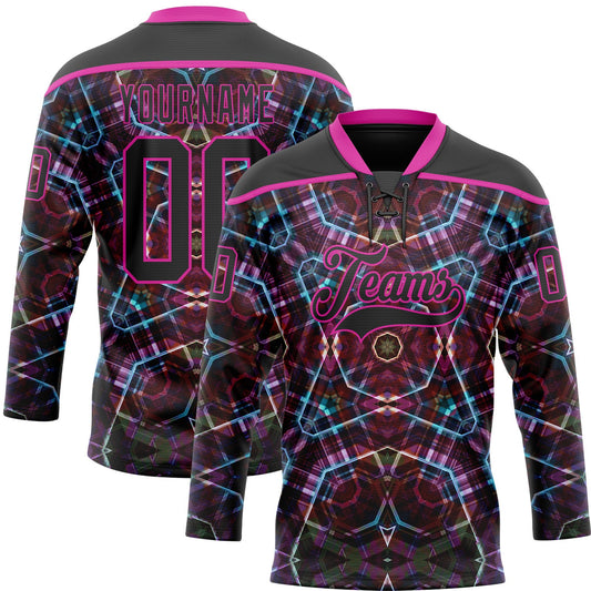 Custom Black Deep Pink-Blue Trippy Psychedelic Geometric Hockey Lace Neck Jersey - Main View