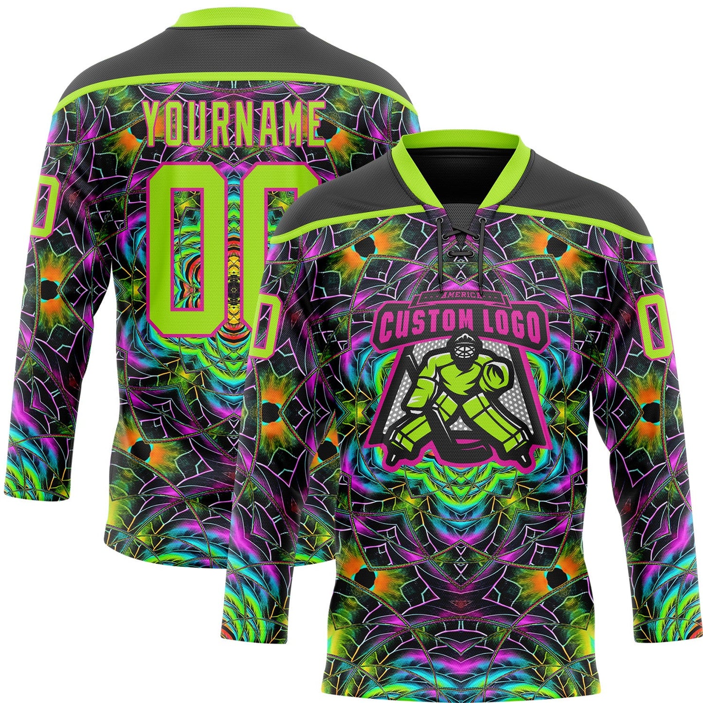 Custom Black Neon Green-Hot Pink Trippy Psychedelic Geometric Hockey Lace Neck Jersey view 2