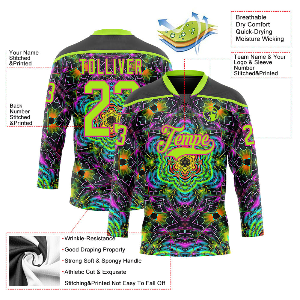 Custom Black Neon Green-Hot Pink Trippy Psychedelic Geometric Hockey Lace Neck Jersey view 5
