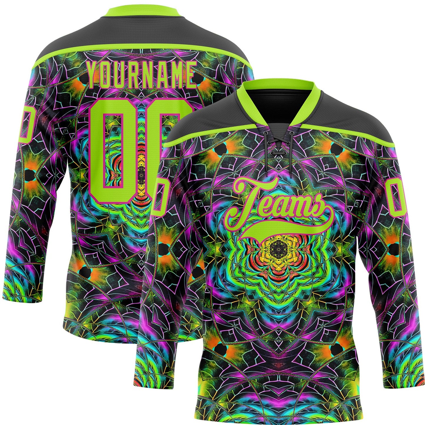 Custom Black Neon Green-Hot Pink Trippy Psychedelic Geometric Hockey Lace Neck Jersey - Main View