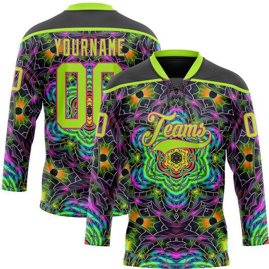 Custom Black Neon Green-Hot Pink Trippy Psychedelic Geometric Hockey Lace Neck Jersey - Main View
