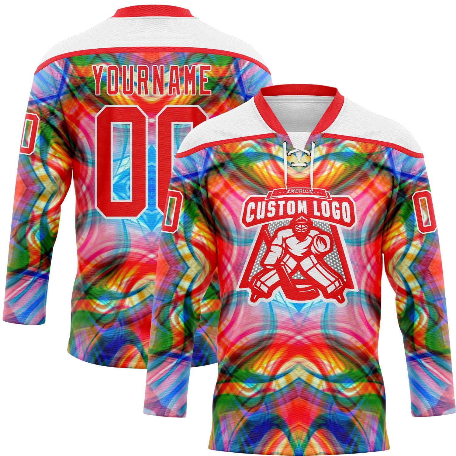 Custom White Fire Red Green Blue-Yellow Trippy Psychedelic Geometric Hockey Lace Neck Jersey view 2