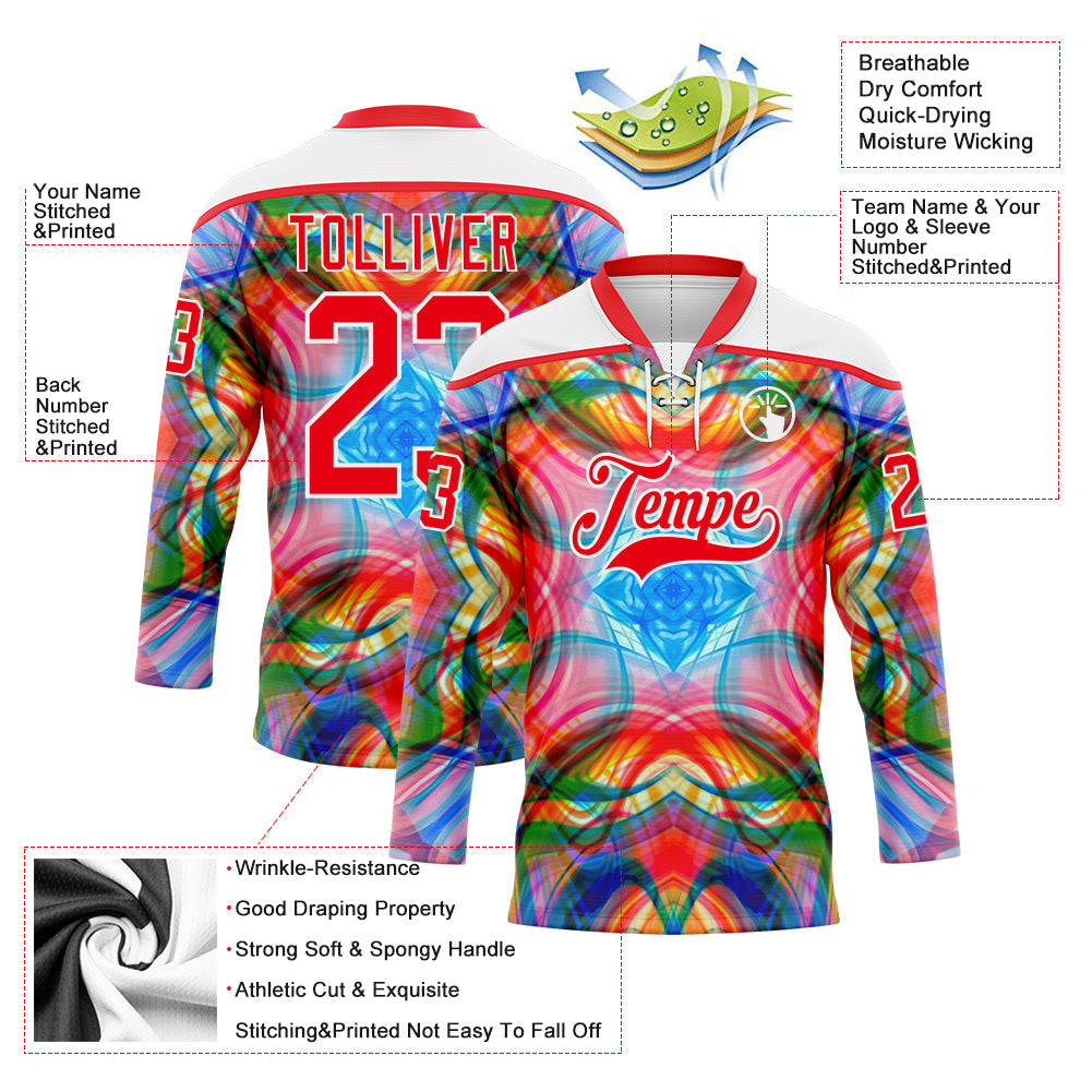 Custom White Fire Red Green Blue-Yellow Trippy Psychedelic Geometric Hockey Lace Neck Jersey view 5