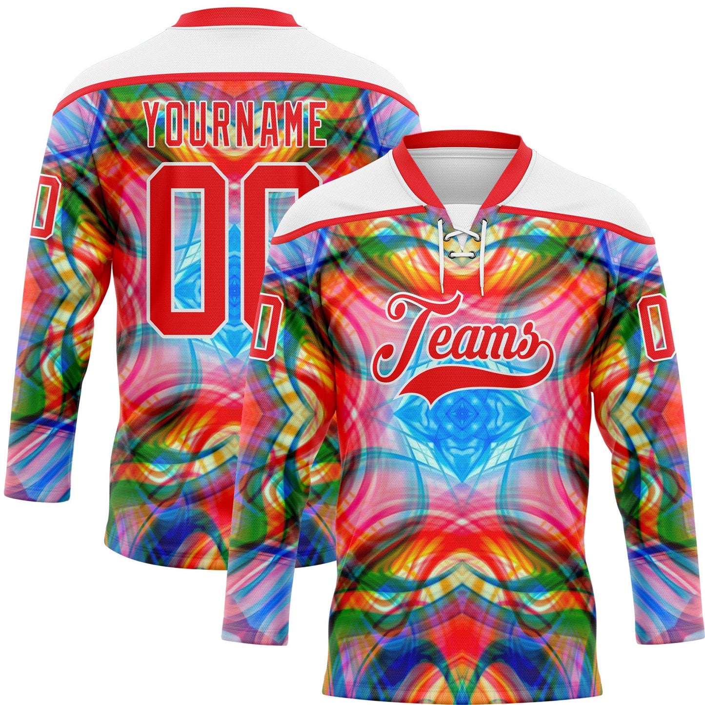 Custom White Fire Red Green Blue-Yellow Trippy Psychedelic Geometric Hockey Lace Neck Jersey - Main View