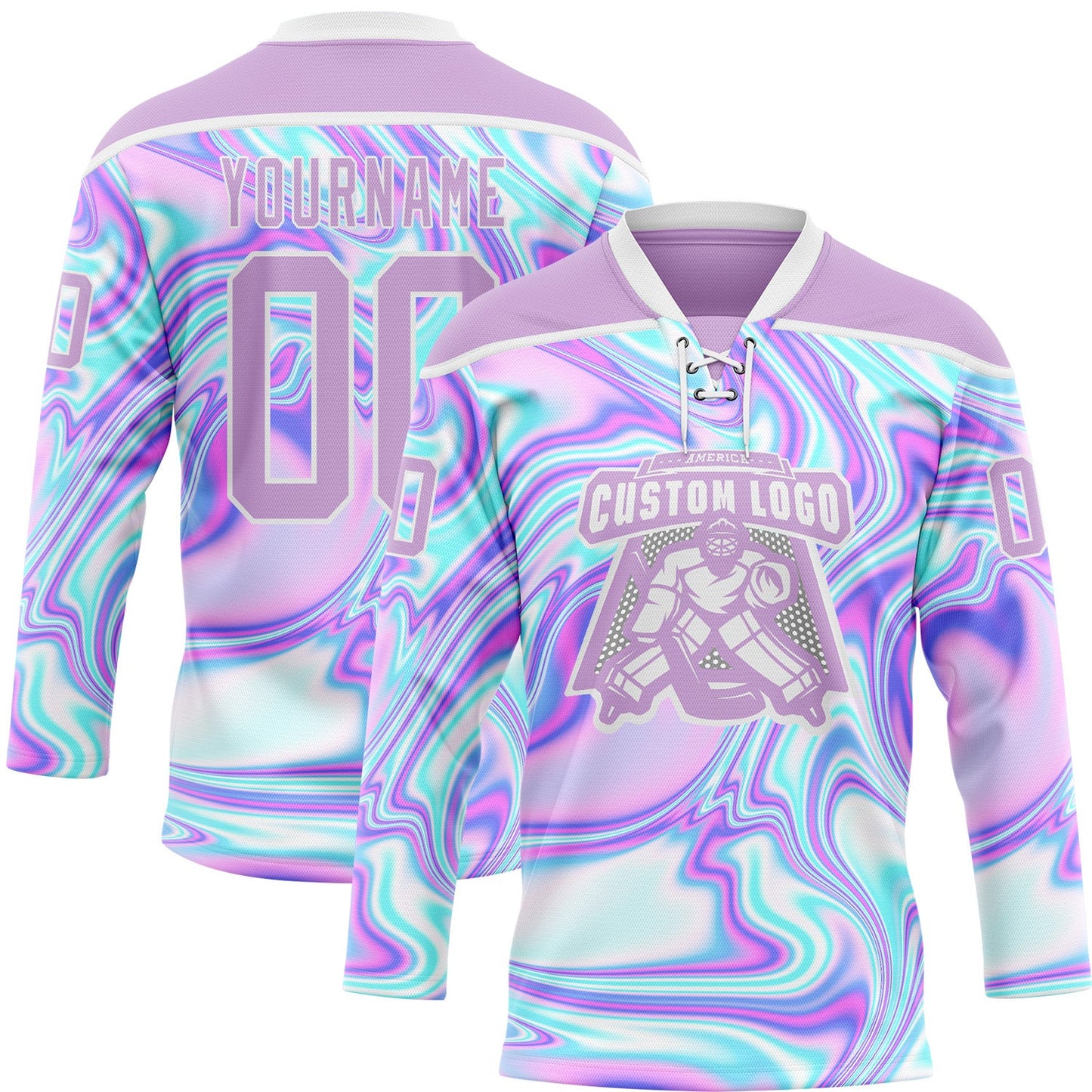 Custom Light Purple Pink Blue-White Trippy Psychedelic Fluid Trendy Holographic Vaporwave Style Hockey Lace Neck Jersey view 2