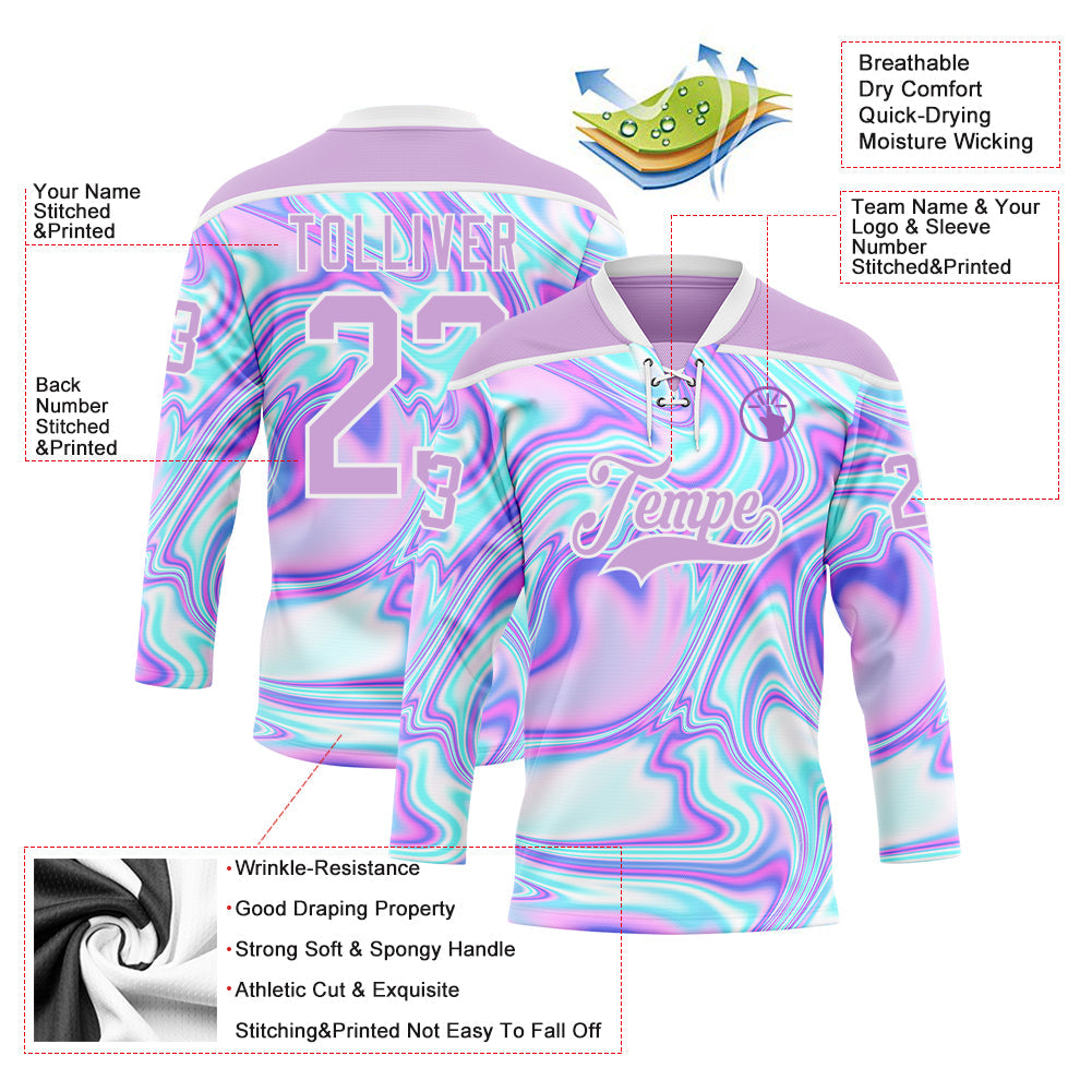Custom Light Purple Pink Blue-White Trippy Psychedelic Fluid Trendy Holographic Vaporwave Style Hockey Lace Neck Jersey view 5