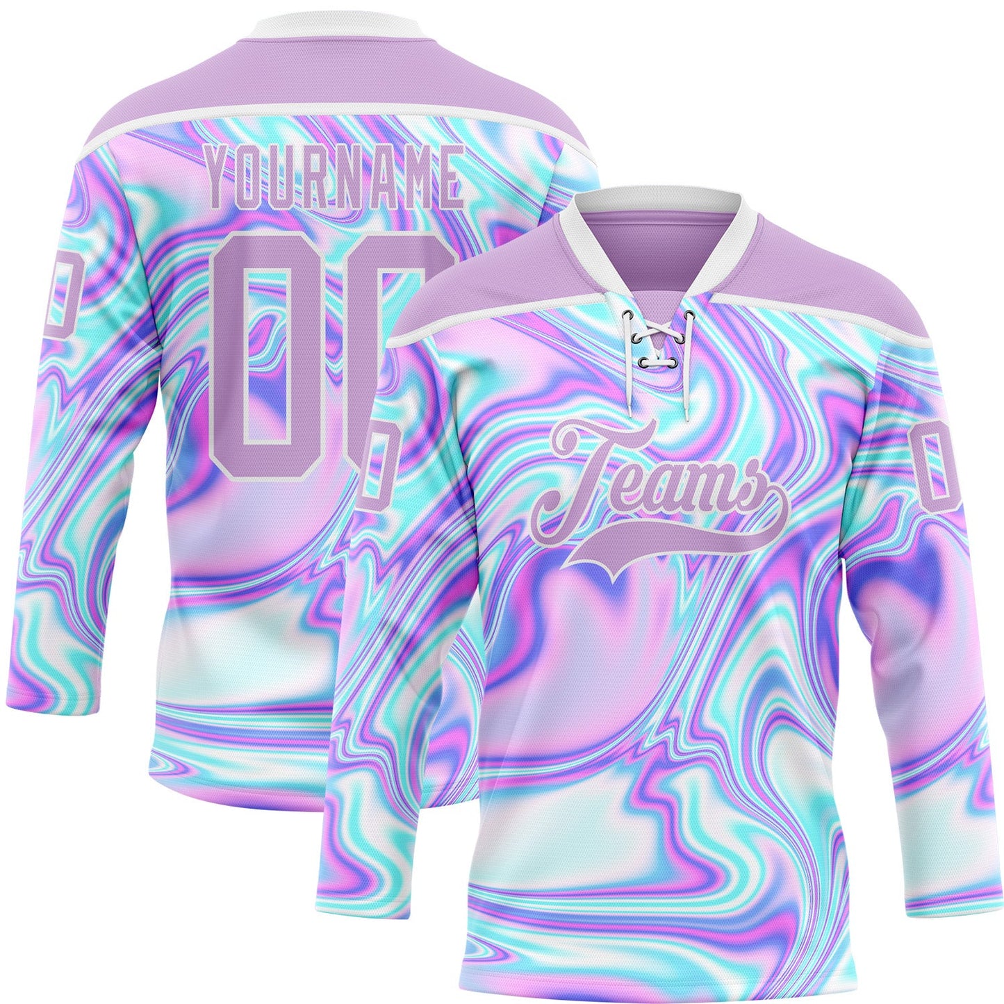 Custom Light Purple Pink Blue-White Trippy Psychedelic Fluid Trendy Holographic Vaporwave Style Hockey Lace Neck Jersey - Main View