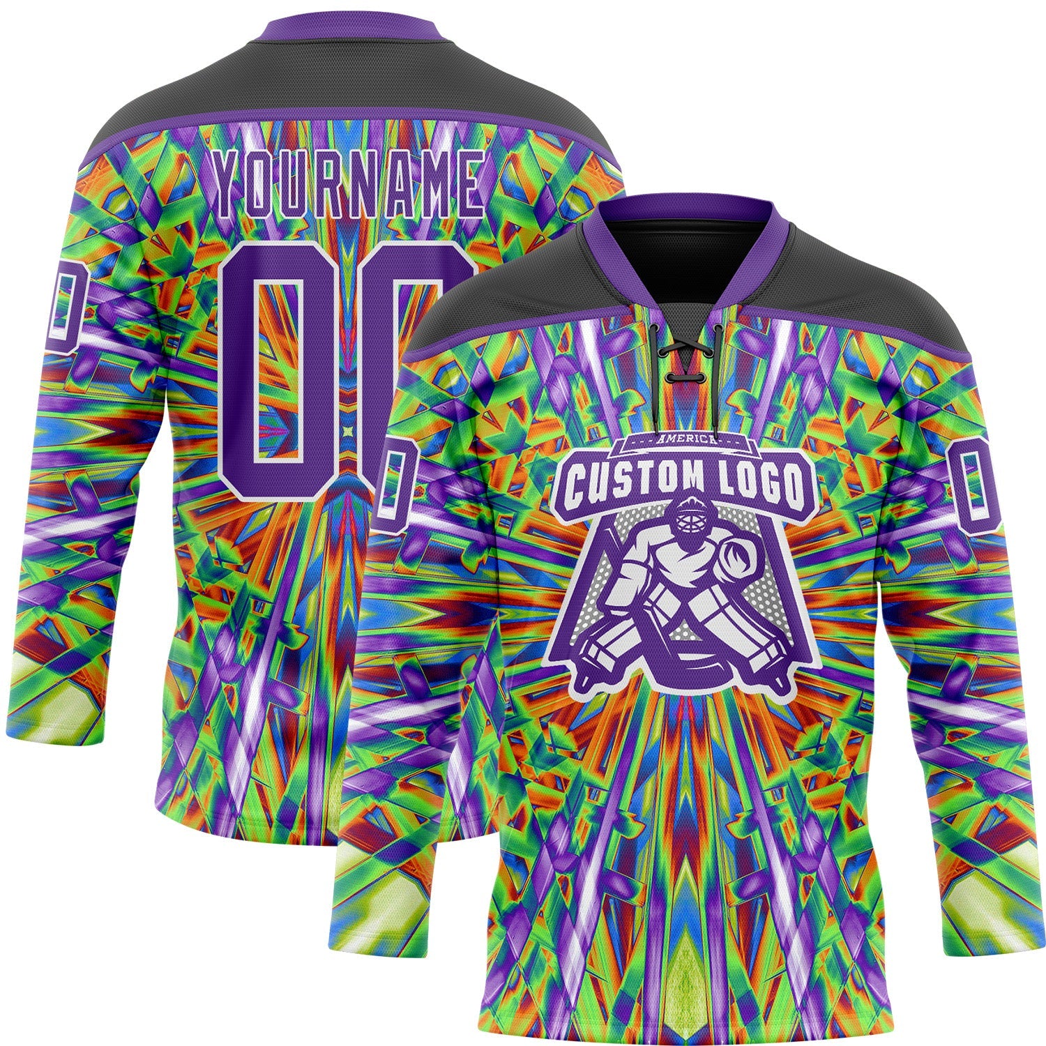 Custom Black Purple Green Orange-White Trippy Psychedelic Geometric Hockey Lace Neck Jersey view 2