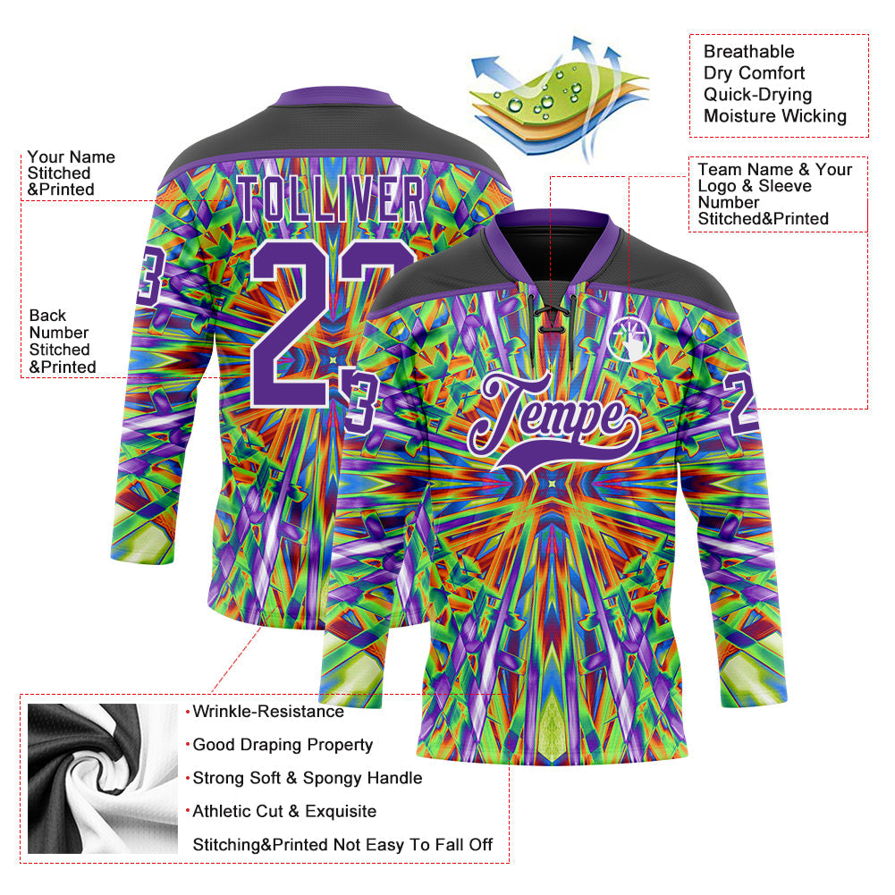 Custom Black Purple Green Orange-White Trippy Psychedelic Geometric Hockey Lace Neck Jersey view 5