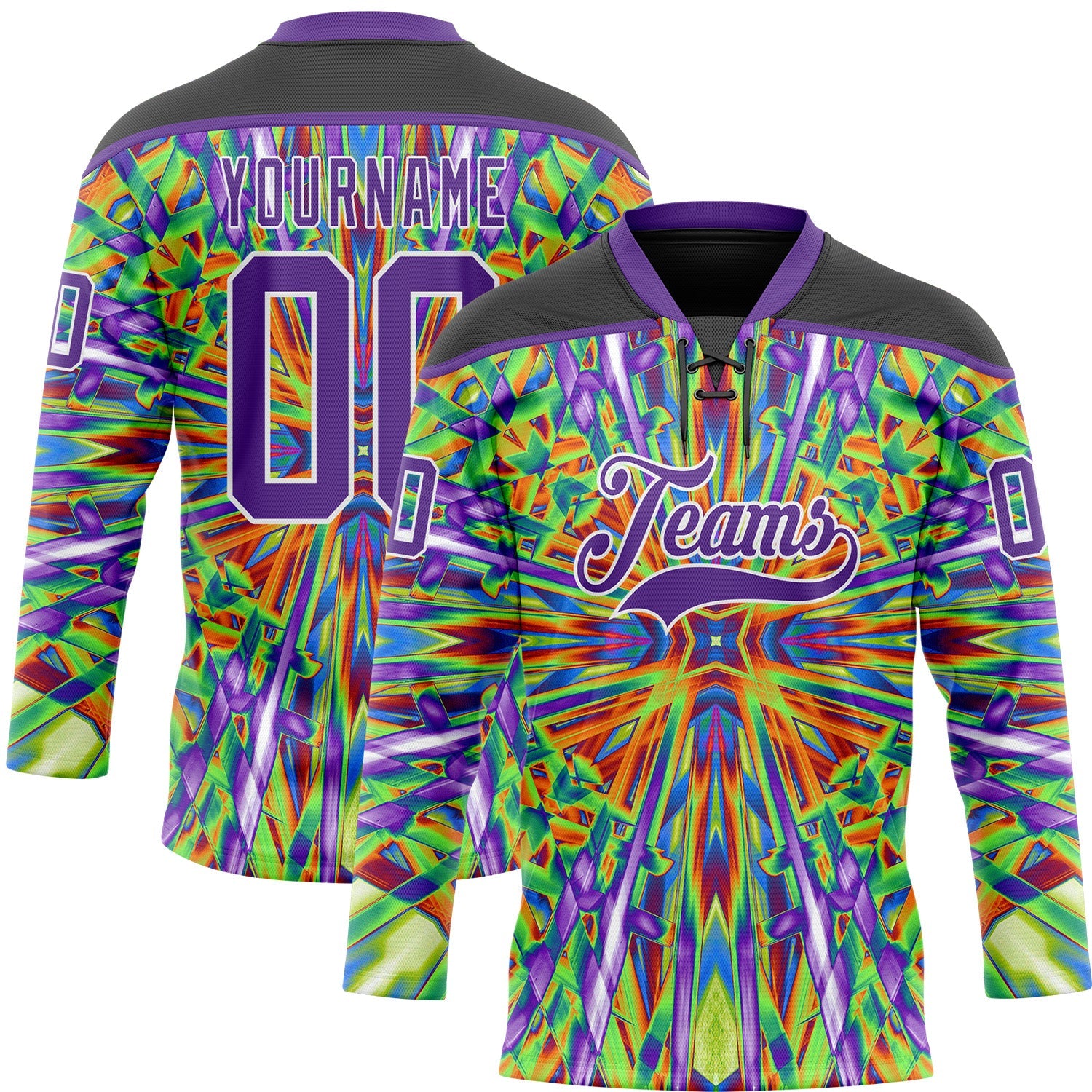 Custom Black Purple Green Orange-White Trippy Psychedelic Geometric Hockey Lace Neck Jersey - Main View